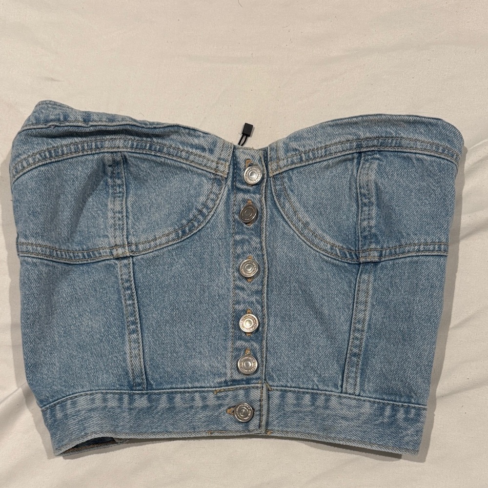 Zara Light Blue Denim Strapless Crop Top